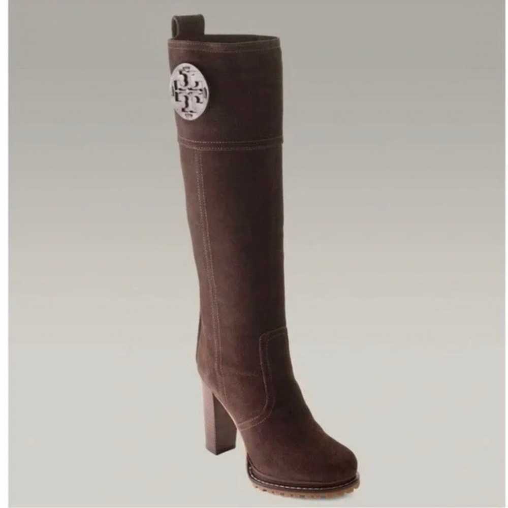 Tory Burch ‘Claudia’ chocolate suede leather knee high boots.